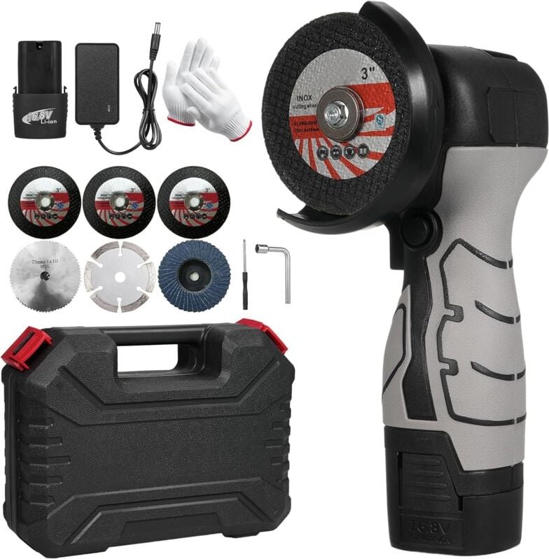 Akku-Winkelschleifer mit 7000 U/min – Mini-Elektroschleifer mit 2 Akkus (16,8 v, 2000 mAh) und Schleifscheibe zum Schnei...