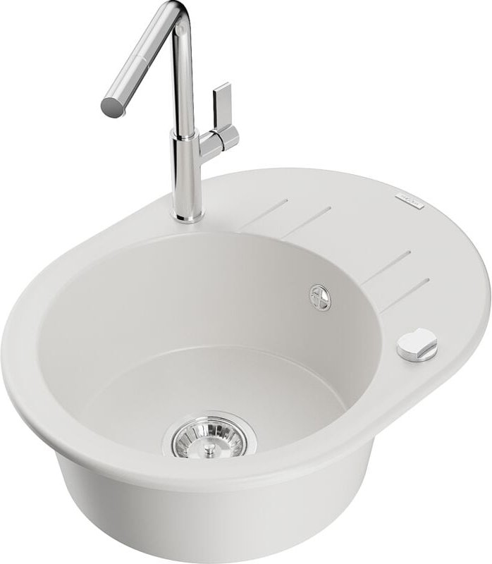 Kevin 1 Becken-Granitspüle mit Abtropffläche und Mischbatterie Flora, Weiß - 6517-20-670401-00 - Mexen