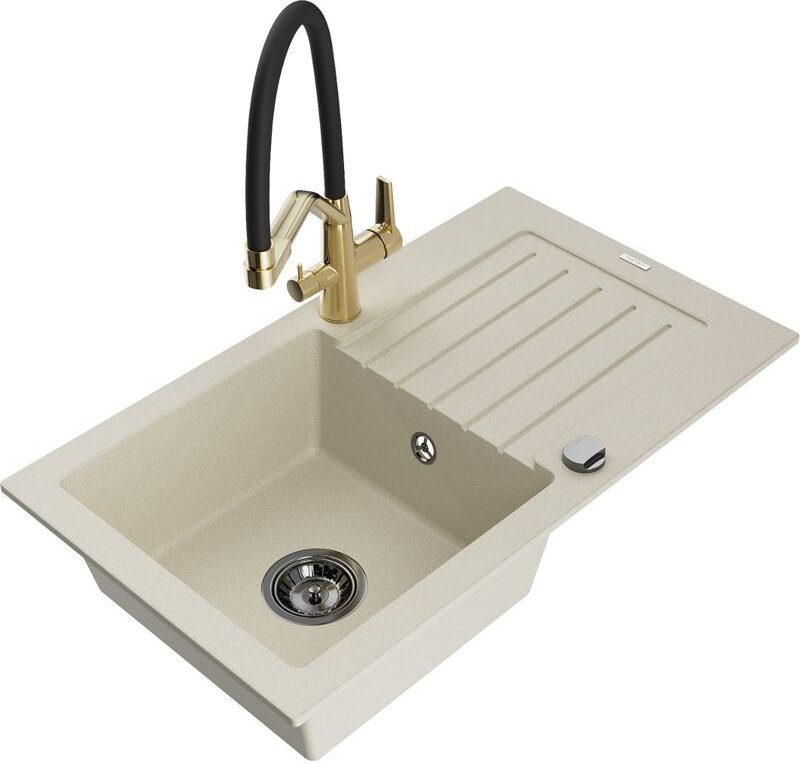 Mexen Pablo 1 Becken-Granitspüle mit Abtropffläche und Mischbatterie Duo, Beige - 6510-69-671701-57-