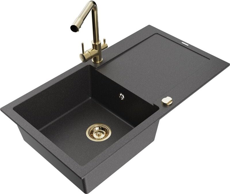 Leo 1 Becken-Granitspüle mit Abtropffläche und Mischbatterie Duero, Schwarz gesprenkelt - 6501 - Mexen