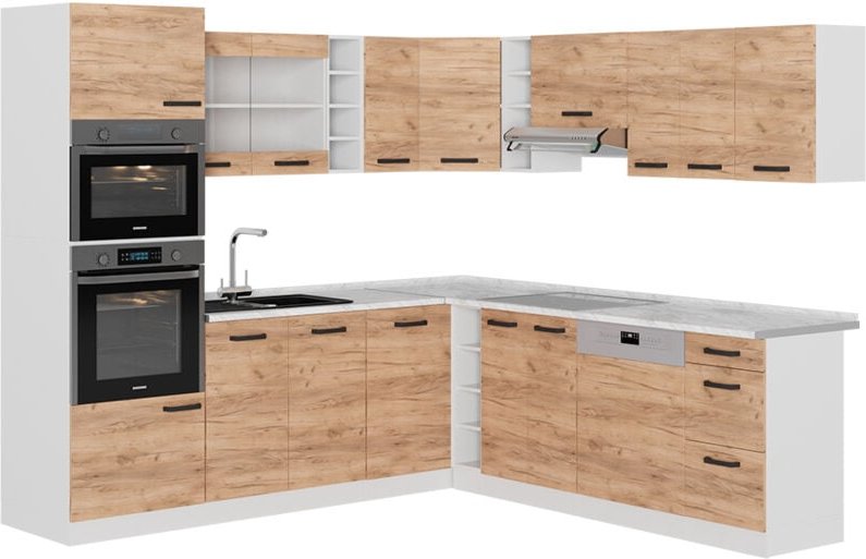 Vicco - Eckküche R-Line, Goldkraft Eiche/Weiß, 237 x 247 cm ap Marmor