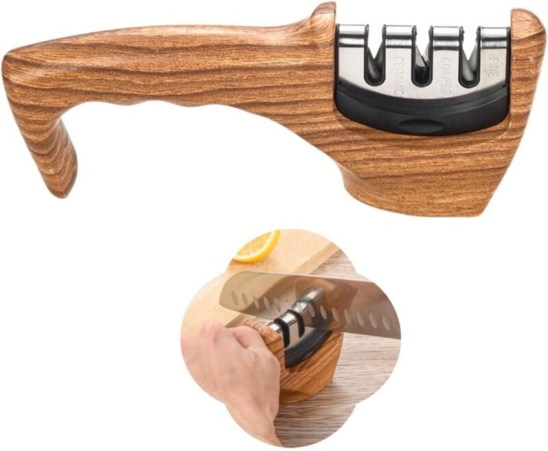 Manuelle Schärfer, 3-Phasen-Profi-Messerschärfer zum Schärfen von Küchenmessern (Holzmaserung)