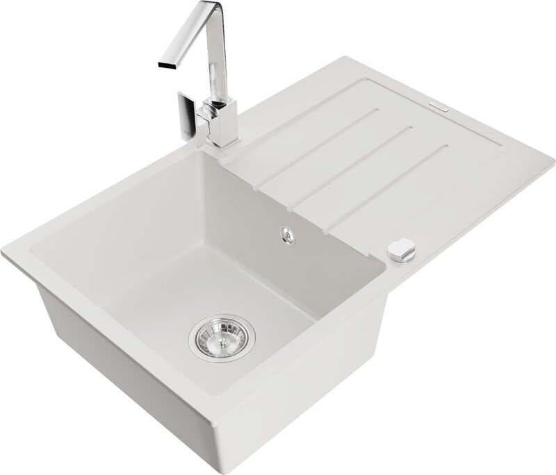 Bruno 1 Becken-Granitspüle mit Abtropffläche und Mischbatterie Rita, Weiß - 6513-20-670300-00 - Mexen