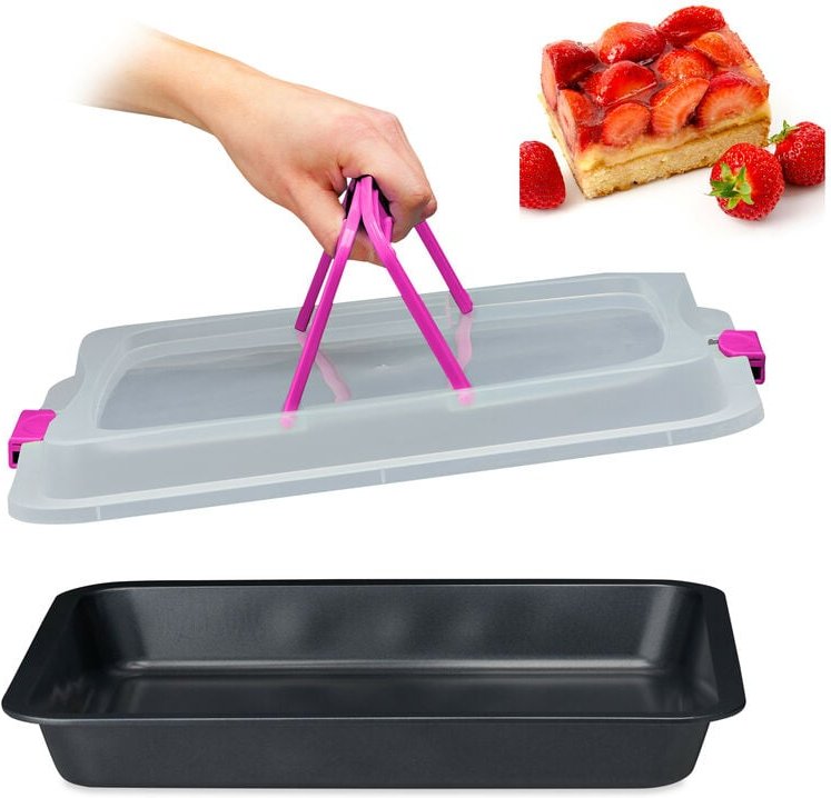 Relaxdays - Backblech mit Deckel, 3 in 1 Kuchen Transportbox, BxT 40,5 x 32,5 cm, Backform, Transporthaube, schwarz/ pin...