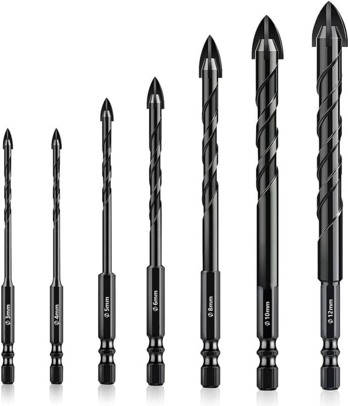 7-teiliges Fliesenbohrer-Set, 3 – 12 mm Glasbohrer, Sechskantschaftbohrer, Mehrzweckbohrer-Set für Keramik, Beton, Marmo...