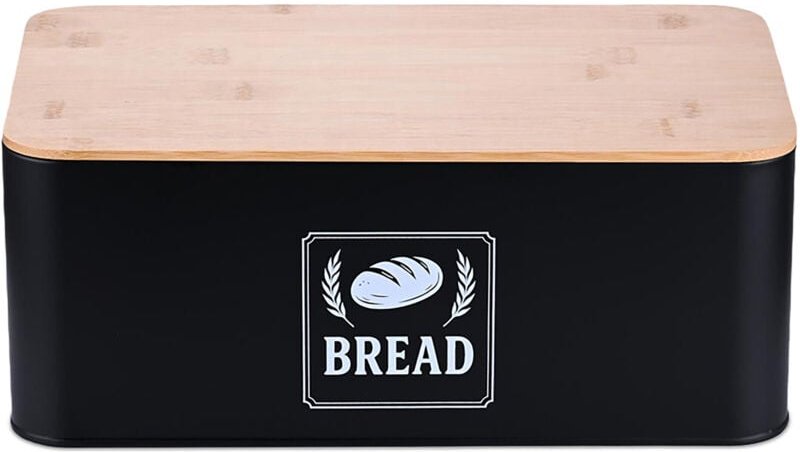 Relaxdays Brotkasten, Bambusdeckel, Metall, HxBxT: 13,5 x 33 x 19 cm, Retro Brotaufbewahrungsbox, Brotbehälter, schwarz