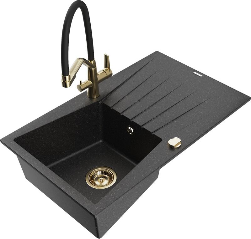 Mexen Cesar 1 Becken-Granitspüle mit Abtropffläche und Mischbatterie Duo, Schwarz/Silbermetallic - 6