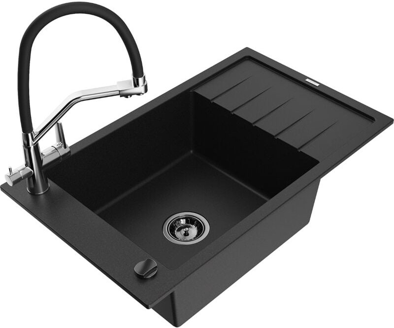 Elias 1 Becken-Granitspüle mit Abtropffläche und Mischbatterie Duo, Schwarz - 6511-77-671701-0 - Mexen