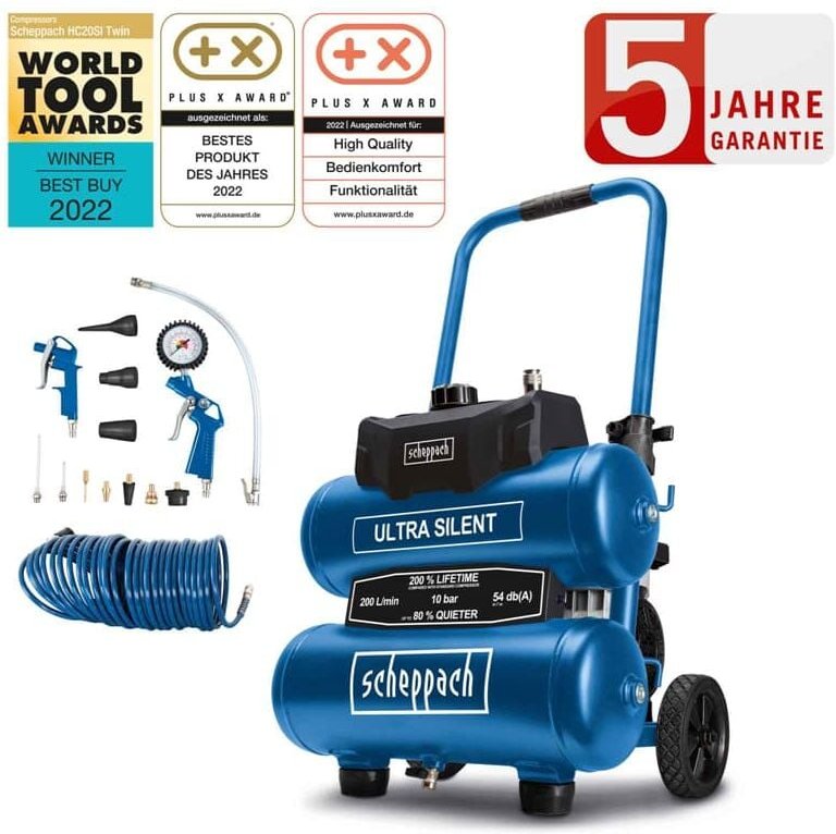 Scheppach - lfrei Kompressor HC20Si Twin Doppeltank inkl. 14tlg. Set