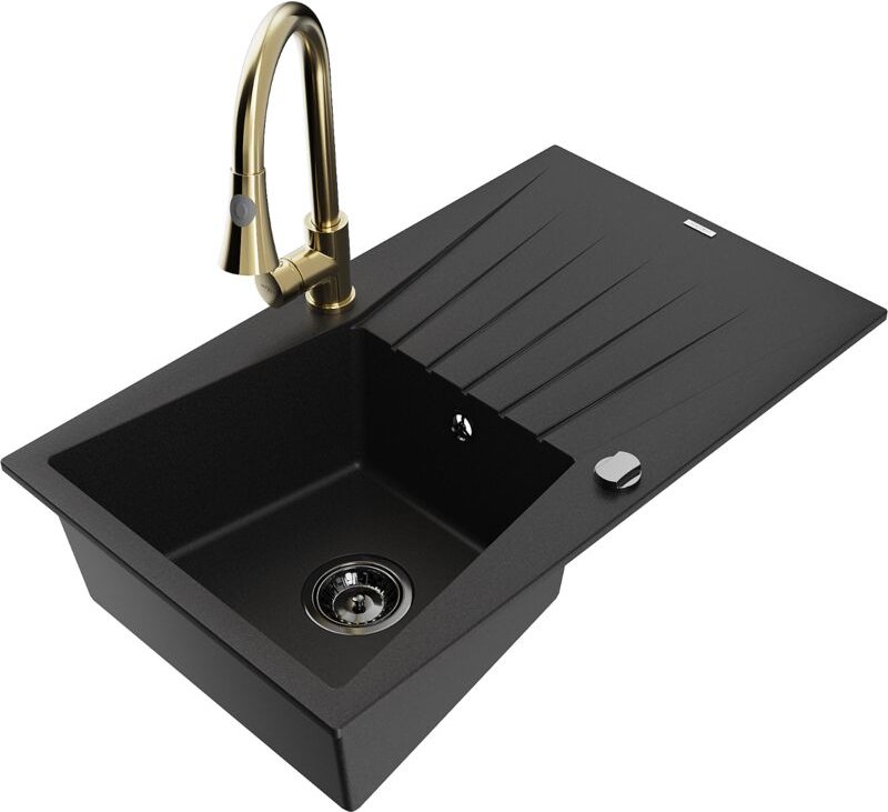 Cesar 1 Becken-Granitspüle mit Abtropffläche und Mischbatterie Elia, Schwarz - 6514-77-670101- - Mexen