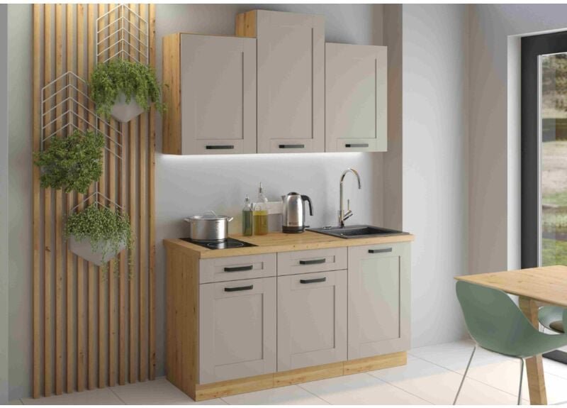 FURNIX Küchenmöbel-Set Isladora 150 Küchenzeile mit Hängeschränken Hellgrau Artisan