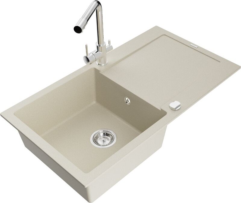 Mexen Leo 1 Becken-Granitspüle mit Abtropffläche und Mischbatterie Duero, Beige- 6501-69-671600-00