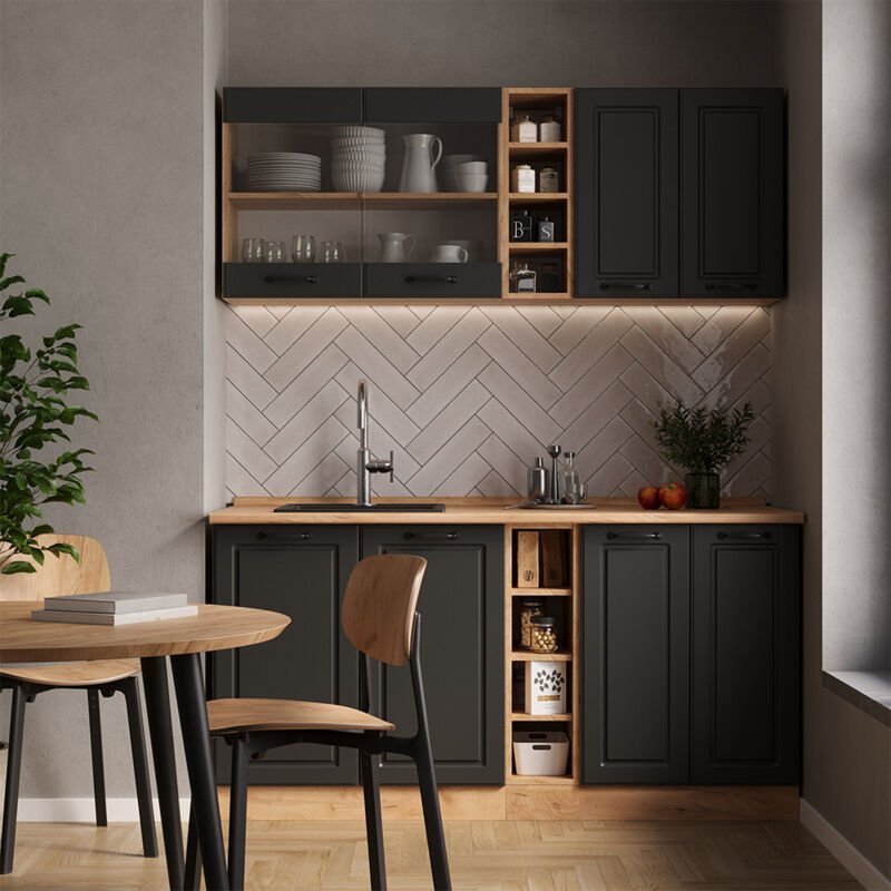 Vicco - Singleküche R-Line, Anthrazit Landhaus/Goldkraft Eiche, 160 cm , ap Marmor