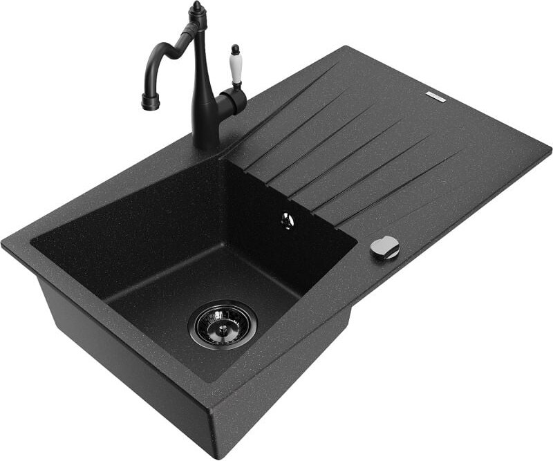 Mexen Cesar 1 Becken-Granitspüle mit Abtropffläche und Mischbatterie Carla, Schwarz/Silbermetallic - 6514-73-670700-70-B