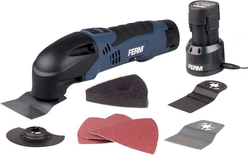 Ferm - Li-Ion Akku-Multitool - Multifunktionswerkzeug - Oszillationswerkzeug - 12V/1.5Ah - Mit 8 Zubehöre - Variable Ges...