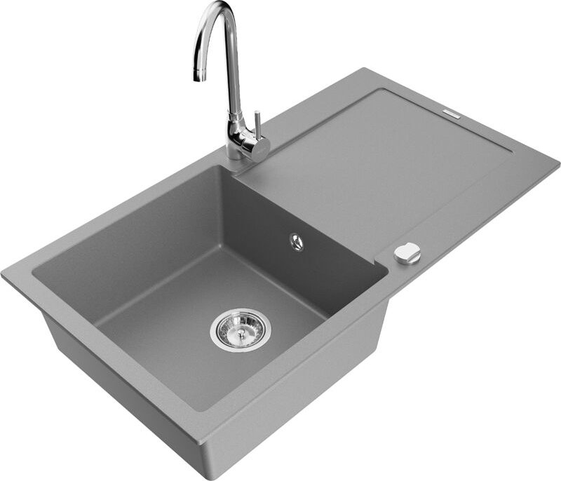 Leo 1 Becken-Granitspüle mit Abtropffläche und Mischbatterie Telma, Grau - 6501-71-670200-00 - Mexen