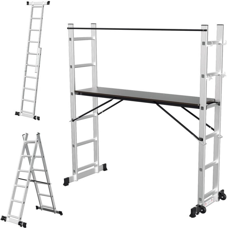 Thumbnail - Arbeitsgerüst, 4 in 1 Alu Multifunktionsleiter 6+6 Stufen, Mobile Mehrzweckleiter mit Plattform und 2 Räder,Arbeitsbühne...