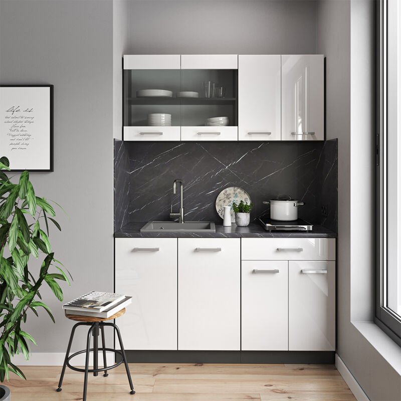 Vicco - Singleküche R-Line, Weiß Hochglanz/Anthrazit, 140 cm ohne Arbeitsplatte