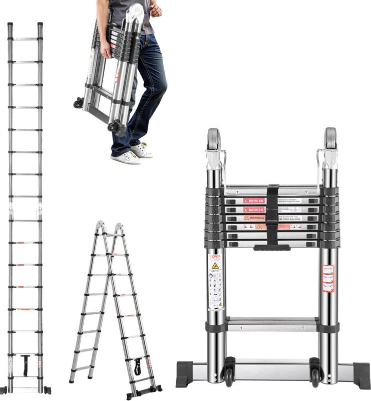 Teleskopleiter mit A-Rahmen, 4985 mm lange Ausziehleiter aus Edelstahl, Klappleiter mit Tragkraft von 150 kg (75°), Leit...