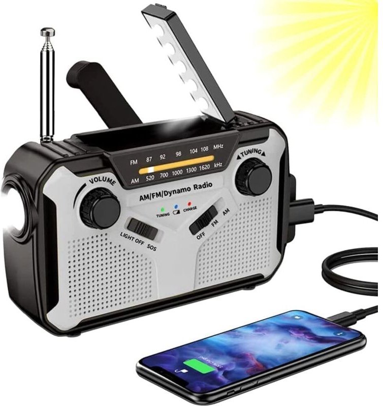Solarradio, tragbares AM/FM-Handkurbelradio, Notstromgenerator mit 4000 mAh wiederaufladbarem Akku, LED-Taschenlampe, SO...