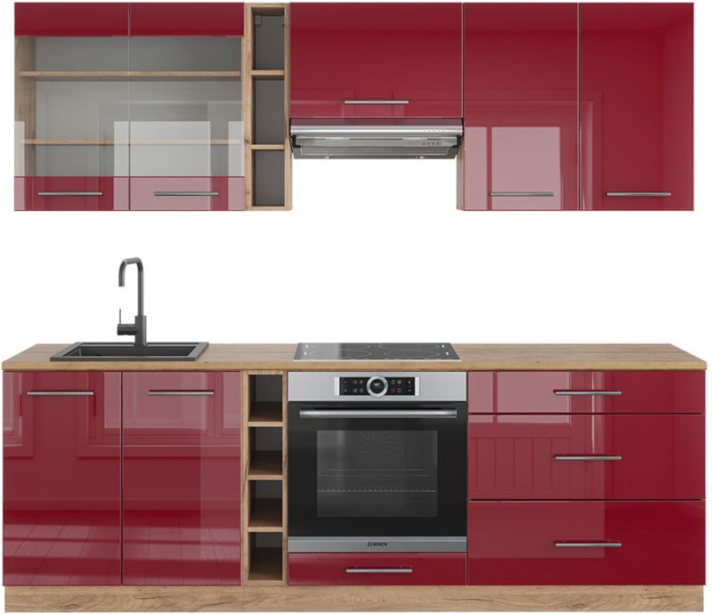 Thumbnail - Vicco - Küchenzeile Fame-Line, Bordeaux Hochglanz/Goldkraft Eiche, 235 cm , ap Eiche