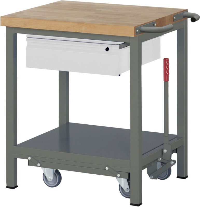 Werkbank Premium, mit abs. Fahrgestell, 1 Schublade, 75x70x88cm, Stahl & Buche - Stier