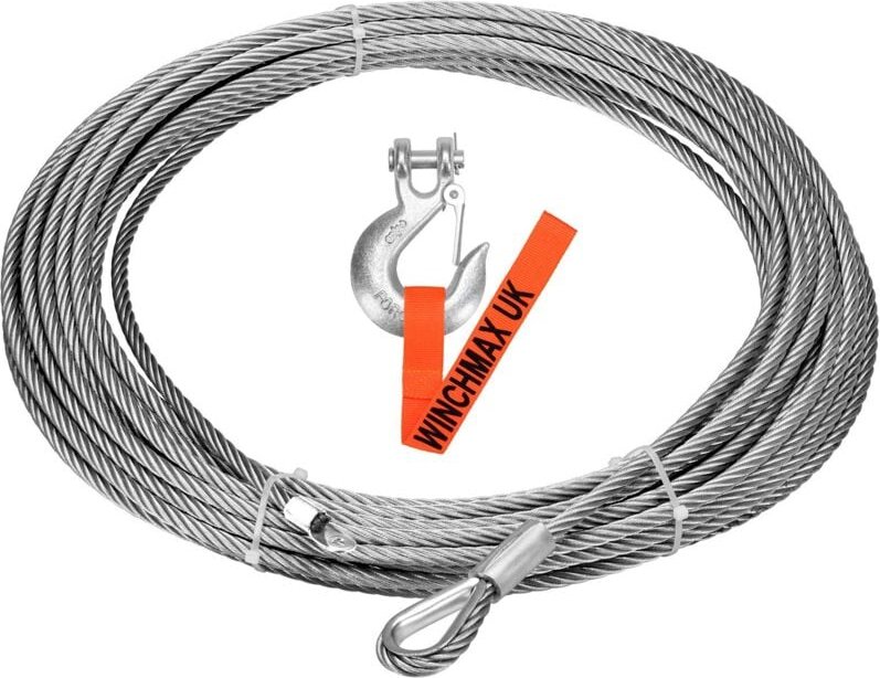 Drahtseil 26 m x 9,5 mm, Schraubbefestigung. 3/8 Zoll Gabelkopfhaken. Für Winden bis 13.500 Pfund.