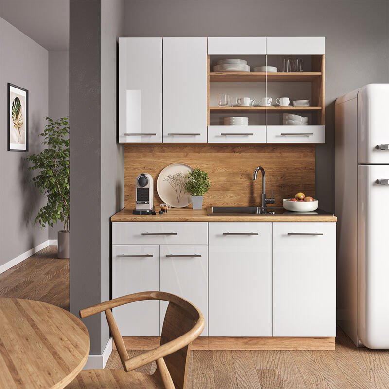 Thumbnail - Vicco - Singleküche Fame-Line, Weiß Hochglanz/Goldkraft Eiche, 140 cm , ap Marmor