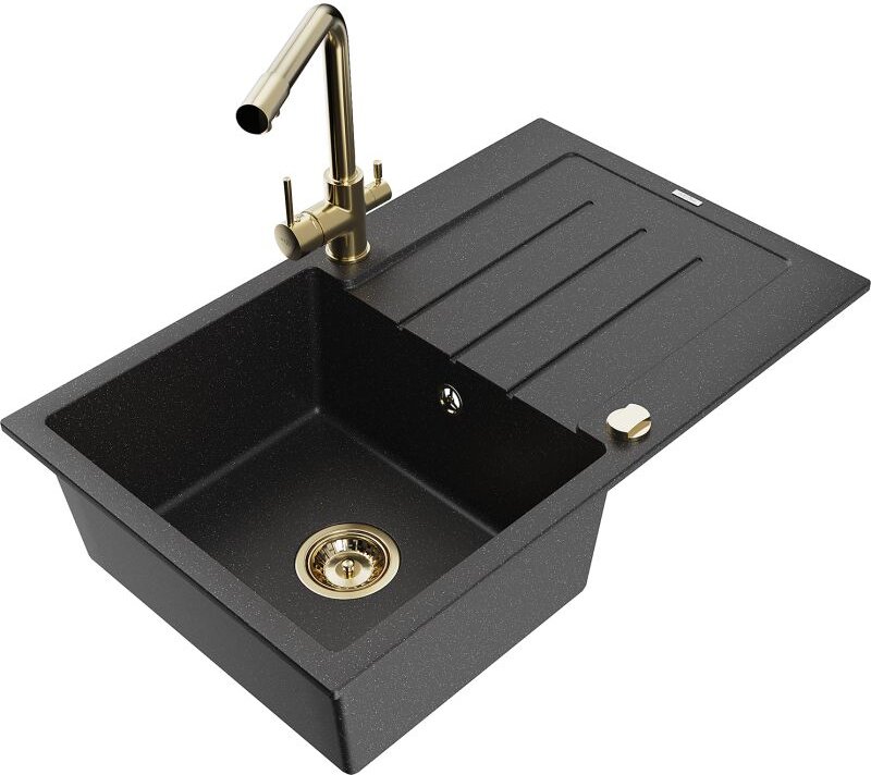 Bruno 1 Becken-Granitspüle mit Abtropffl√§che und Mischbatterie Duero, Schwarz/Silbermetallic - 6513-73-671600-50 - Mexe...