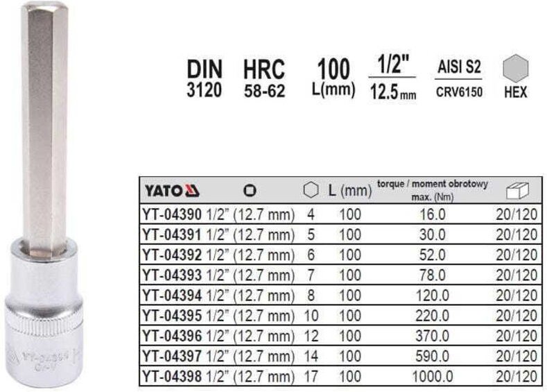 Inbusschlüssel 1/2'''' 6MM L100MM / YT-04392 / Yato