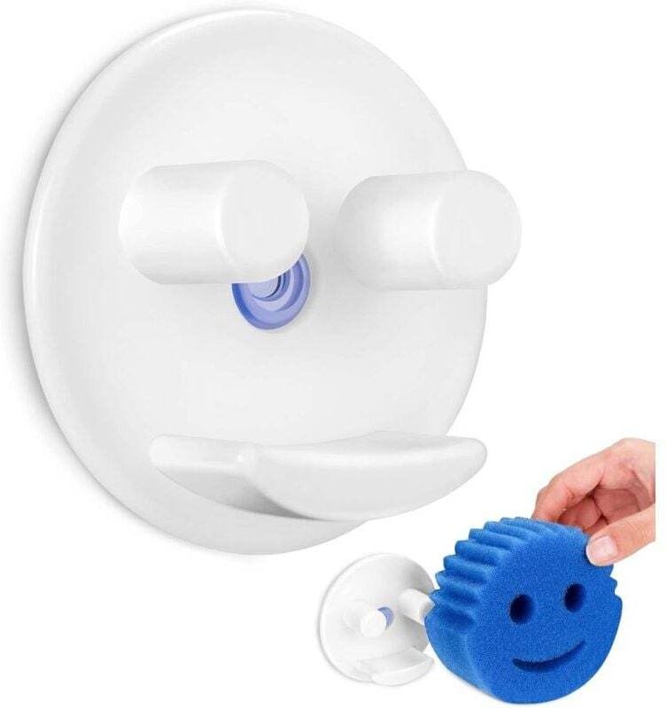 Smiley-Schwammhalter mit Saugnapf, Schwammaufbewahrung für Küchen-/Badezimmerspüle, runder Schwamm (weiß)
