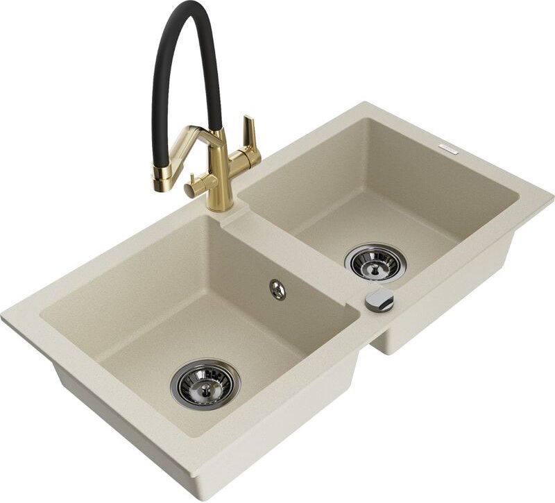Mario 2-Becken-Granitspüle mit Mischbatterie Duo, Beige - 6504-69-671701-57-B - Mexen