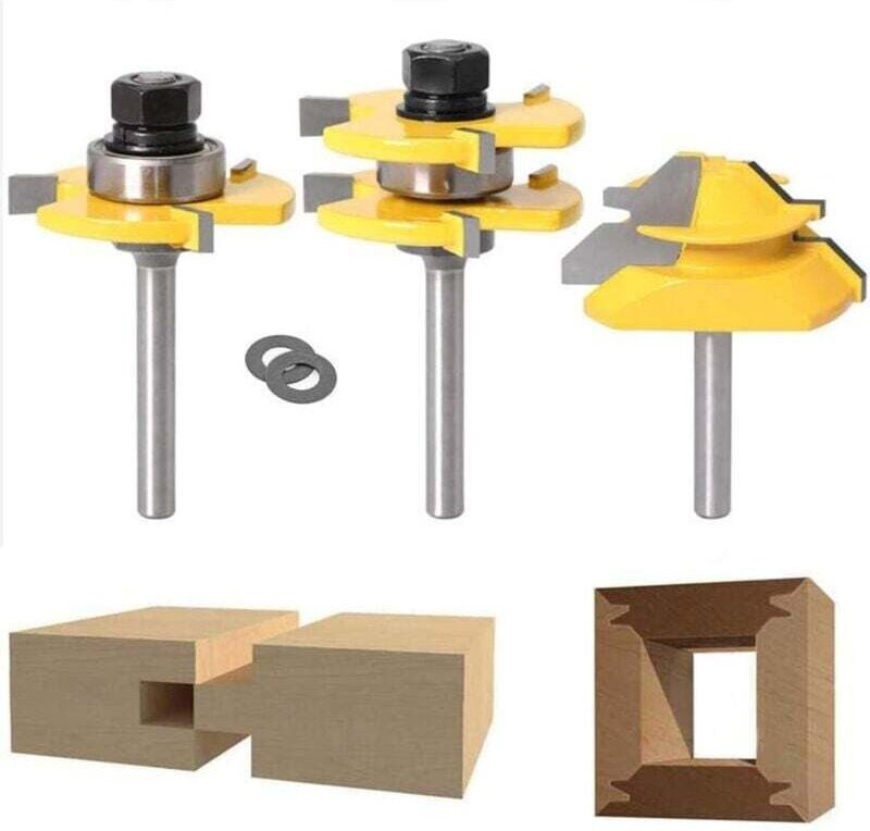 Ulisem45-Grad-Gehrungsfräser + Zungenbohrer + Nutfräser, Holzbearbeitungsfräser für Tischlerwerkzeuge (1/4 Zoll (6,35 mm...