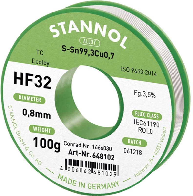 Stannol HF32 3,5% 0,8MM SN99,3CU0,7 CD 100G Lötzinn, bleifrei bleifrei, Spule Sn99,3Cu0,7 ROL0 100 g