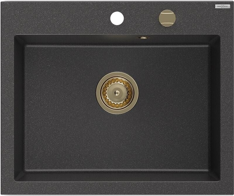 Elix Granitspüle 1-Kammer 600 x 500 mm, schwarz gesprenkelt, goldener Siphon - 6525601005-76-G - Mexen