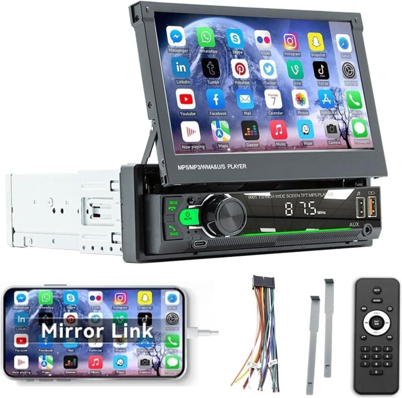 1-DIN-Autoradio mit motorisiertem, einziehbarem 7-Zoll-Touchscreen, Autoradio mit Freisprecheinrichtung, Bluetooth, Mirr...