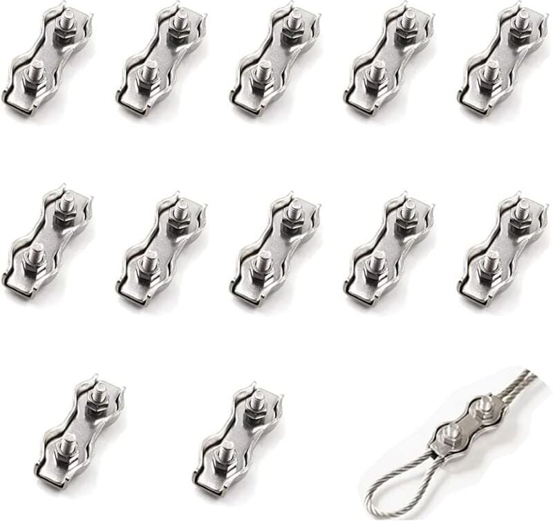 Aougo - 12 Stück doppelte Stahldrahtseilklemme m2, Edelstahl-Drahtseilklemmenverbinder, Bremskabel-Befestigungsklemme, v...