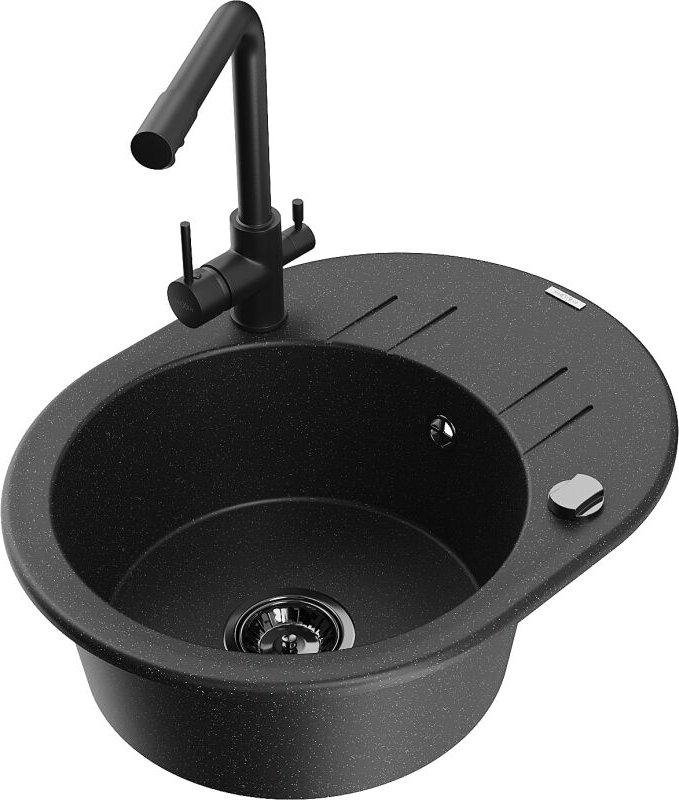 Kevin 1 Becken-Granitspüle mit Abtropffl√§che und Mischbatterie Duero, Schwarz/Silbermetallic - 6517-73-671600-70-B - Me...