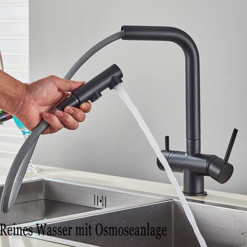Ausziehbarer Küchenarmatur Schwarz hoher Wasserdruck, 360-Grad drehbarer Wasserhahn, Einhandmischer, zwei Strahlarten, g...