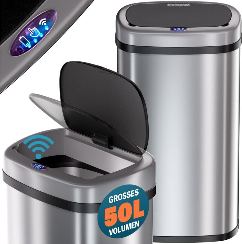 Mülleimer mit Sensor Küche 50L Edelstahl Automatik Deckel Klemmring inkl. USB-Kabel Abfalleimer Groß Papierkorb led Anze...