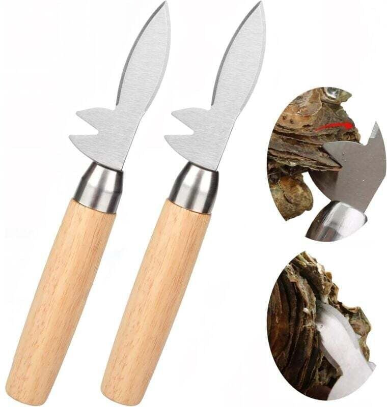 2-teiliges verbessertes Austernmesser-Set, dicke Klinge aus rostfreiem Stahl, V-förmige Kerbe, rutschfester Holzgriff, A...