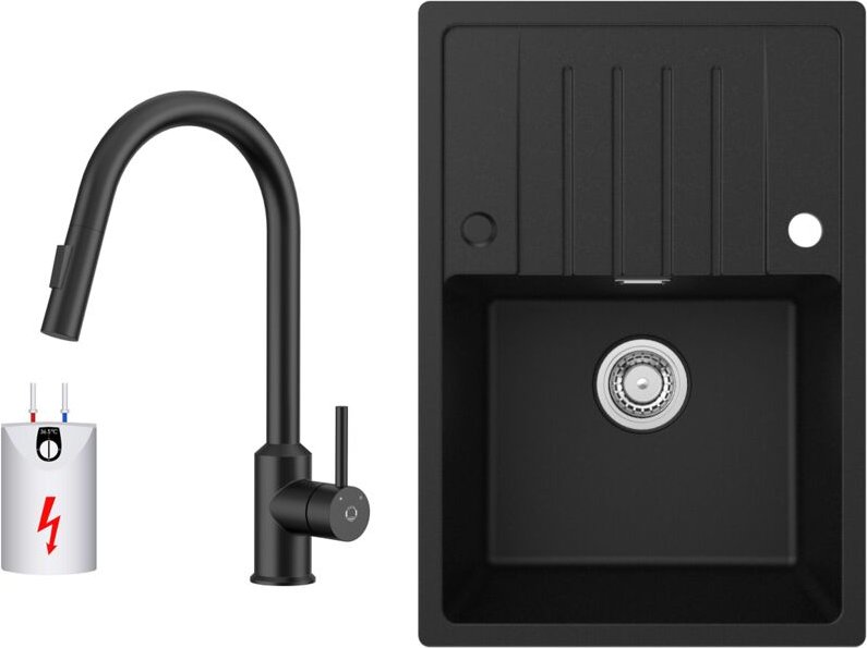 Cecipa Max - Küchenspüle 65x45cm Granitspüle Anthrazitschwarz Mit Abtropffläche + Ausziehbarer Niederdruck-Küchenarmatur...