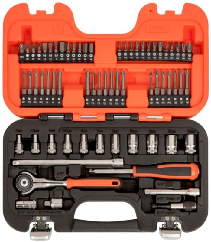 Bahco Satz 1/4-Steckschlüsseleinsätze, metrisch, Sechskantprofil, Vierkantantrieb, inklusive Gelenkkopfknarre - 65-tlg.