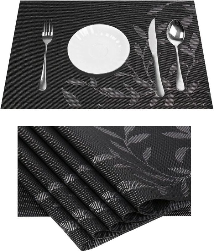 6er-Set schwarze, hitzebeständige Tischsets aus Vinyl mit Blattmuster für Esstisch und Küche, waschbare, rutschfeste Tis...
