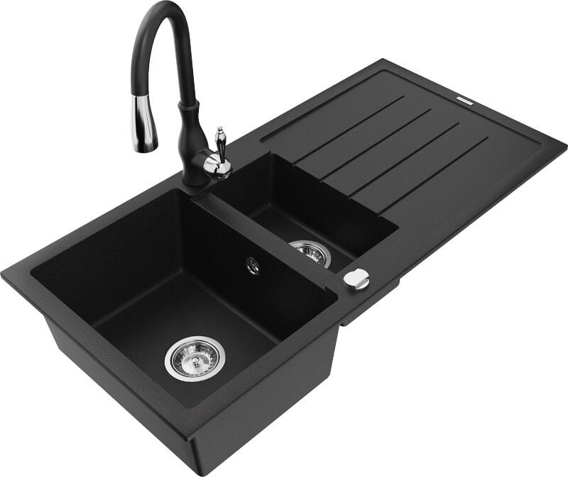 Andres 1,5-Becken-Granitspüle mit Abtropffl√§che und Mischbatterie Savita, Schwarz - 6515-77-672601-70 - Mexen