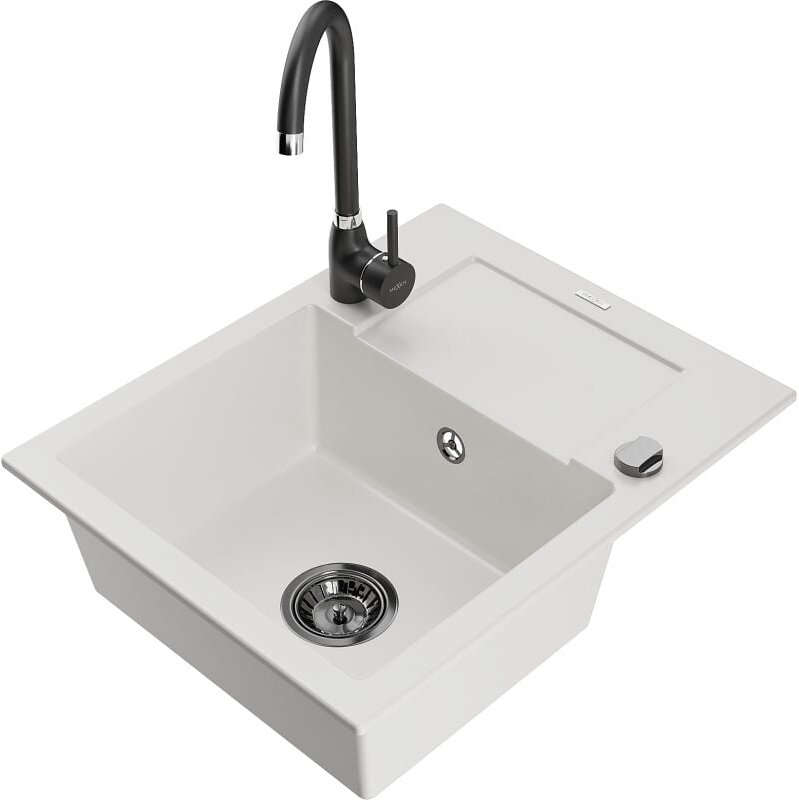 Enzo 1 Becken-Granitspüle mit Abtropffl√§che und Mischbatterie Telma, Wei√ü - 6506-20-670200-70 - Mexen