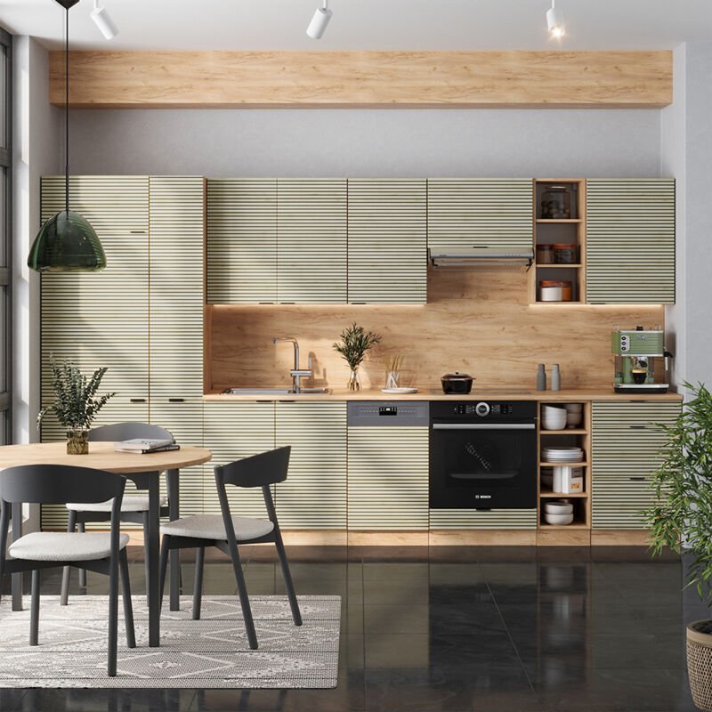 Küchenzeile Fame-Line, Eiche Paneel/Goldkraft Eiche, 355 cm ohne Arbeitsplatte, Vicco