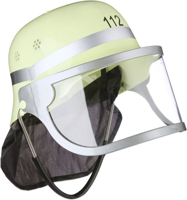 24x Feuerwehrhelm Kinder, verstellbar, klappbares Visier, schwarzes Nackentuch, Feuerwehr, hbt 24,5 x 22,5 x 28 cm, gelb