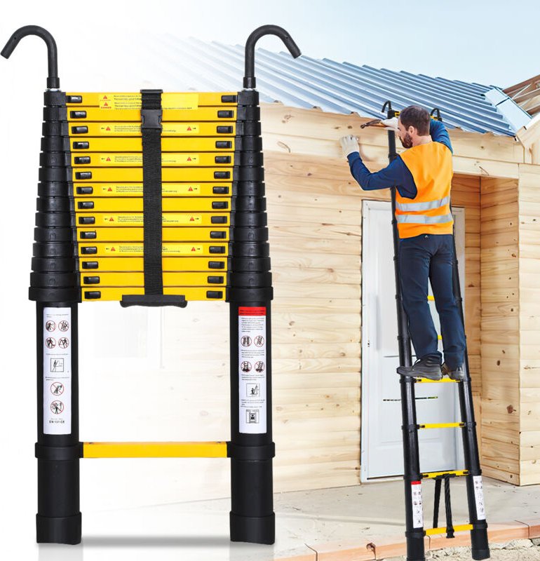 TolleTour Teleskopleiter schwarz 4.4m Mit Haken Ausziehleiter bis 150kg Stabil Aluminium Anlegeleiter Multifunktionsleit...