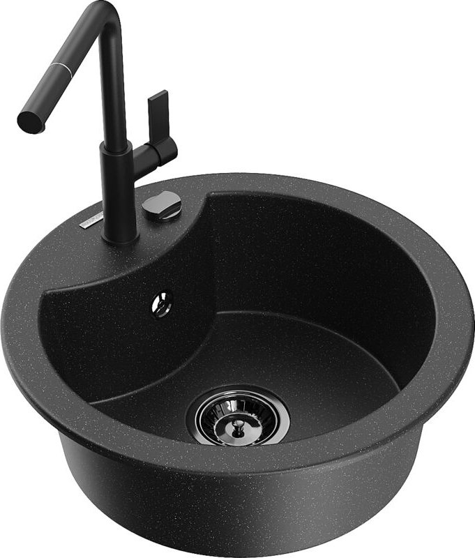 Diego 1-Becken-Granitspüle mit Mischbatterie Flora, Schwarz/Silbermetallic - 6512-73-670401-70 - Mexen